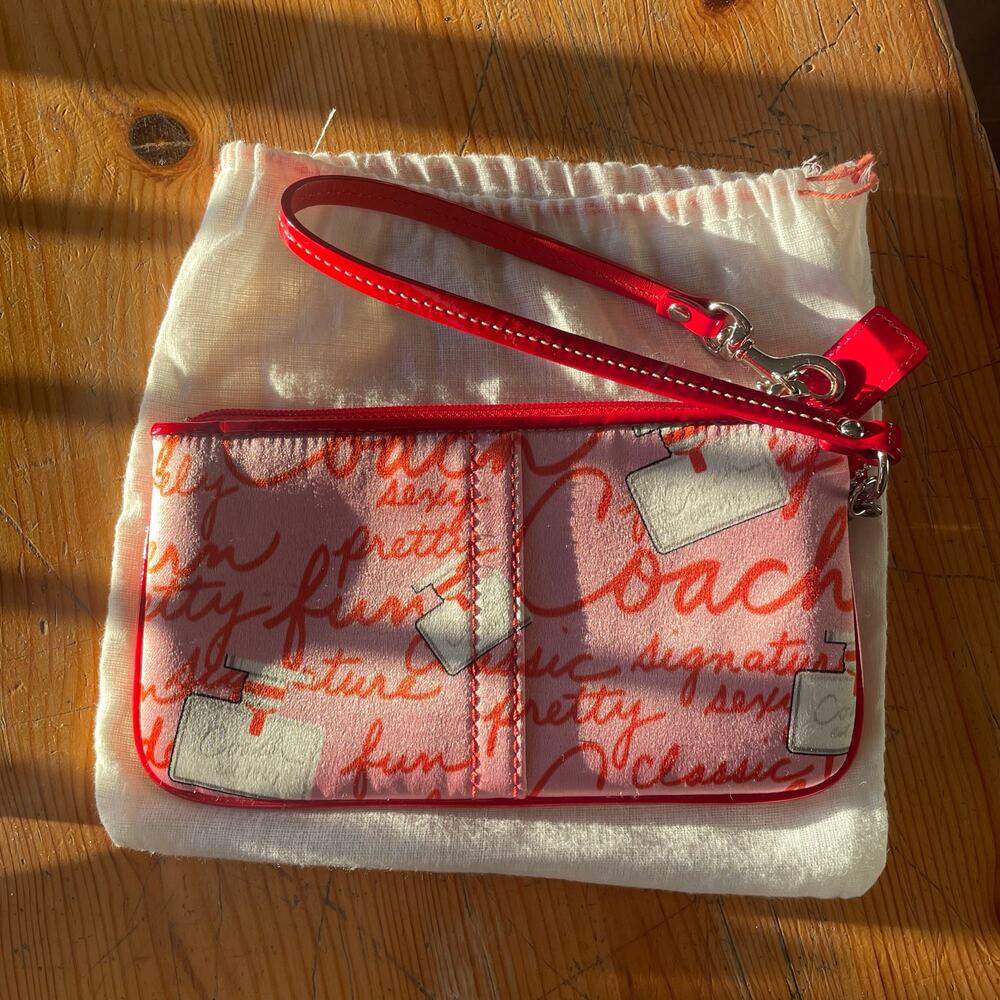 RARE Red Pink Coach Limited Edition Perfume Print Wristlet Bag Sateen Vintage - Picture 3 of 8